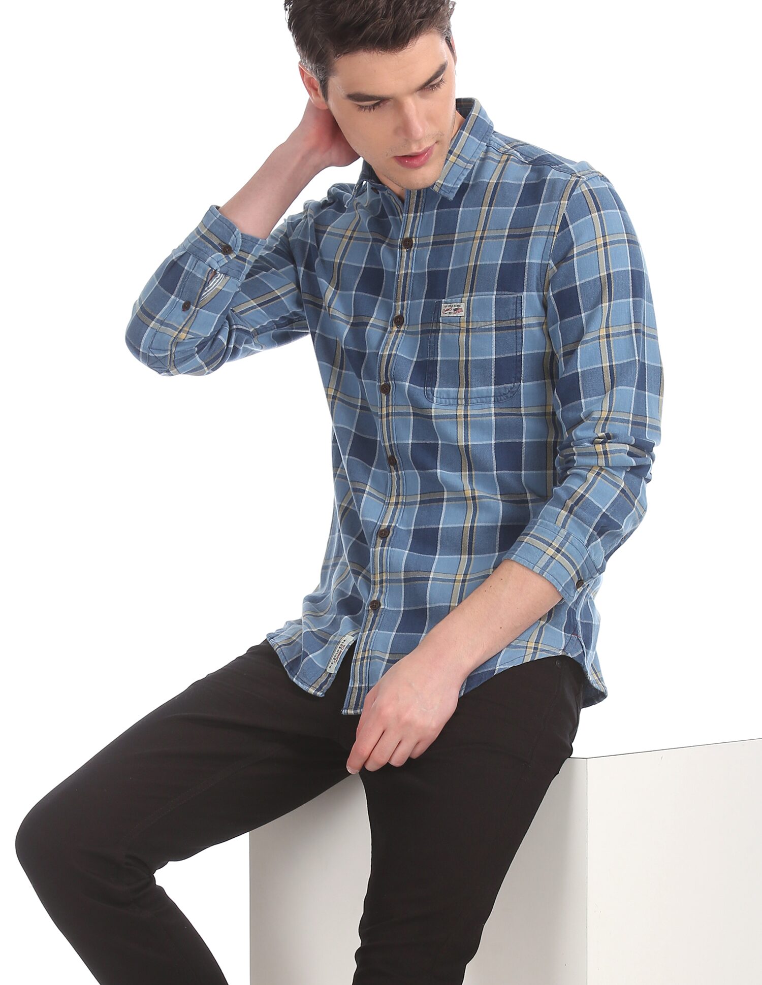 

U S Polo Assn Men Blue Checked Slim Fit Casual Shirt