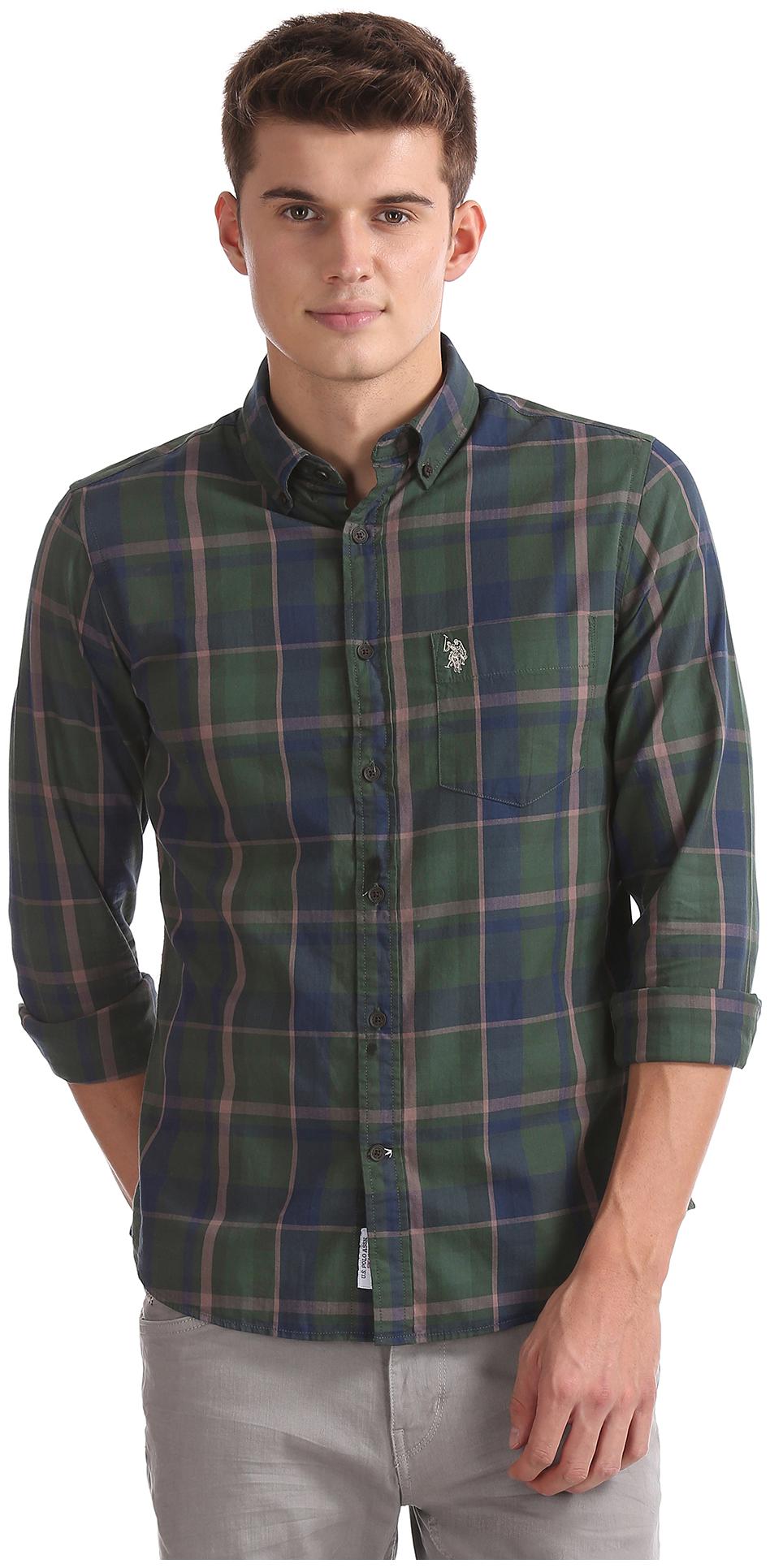 

U S Polo Assn Men Green Checked Slim Fit Casual Shirt