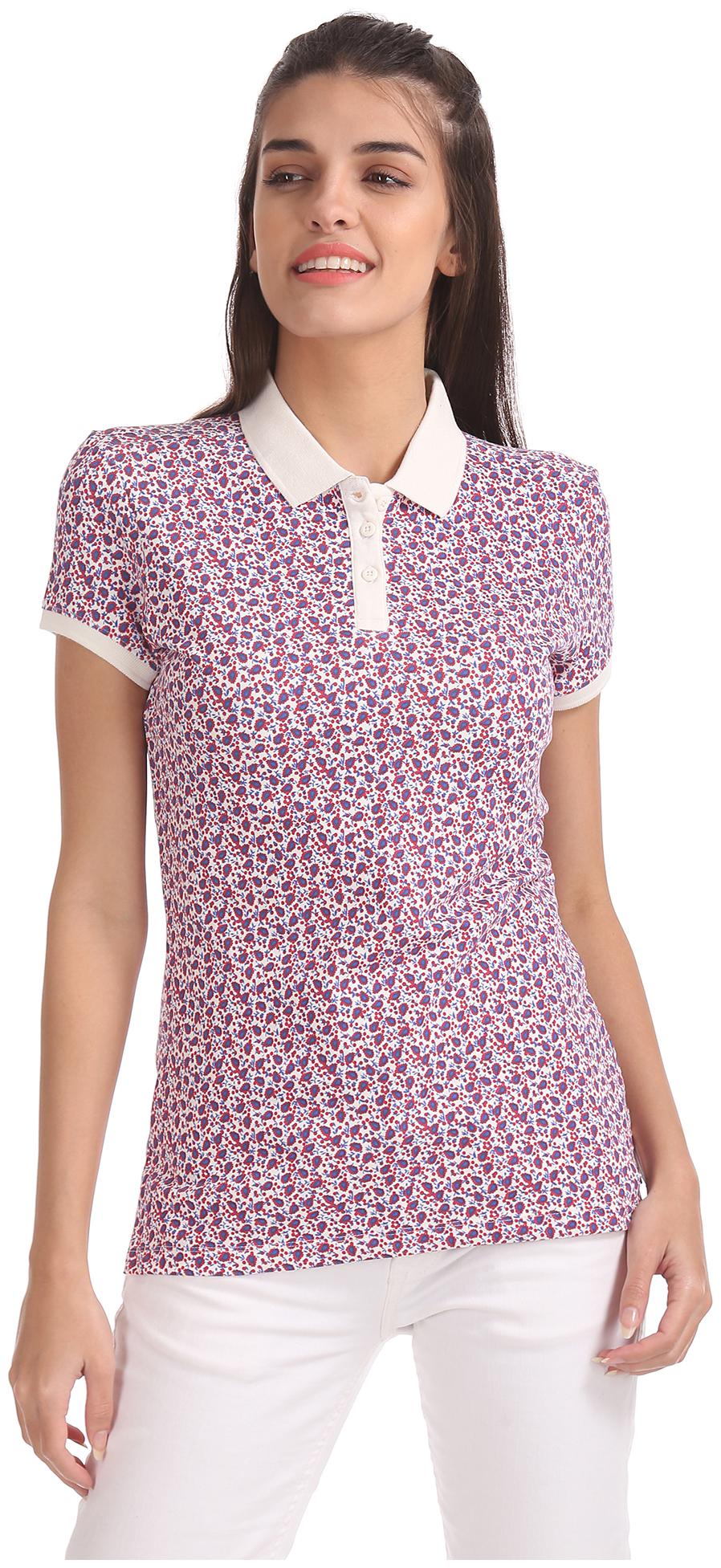 

U S Polo Assn Women Beige Regular fit Polo neck Blended T shirt