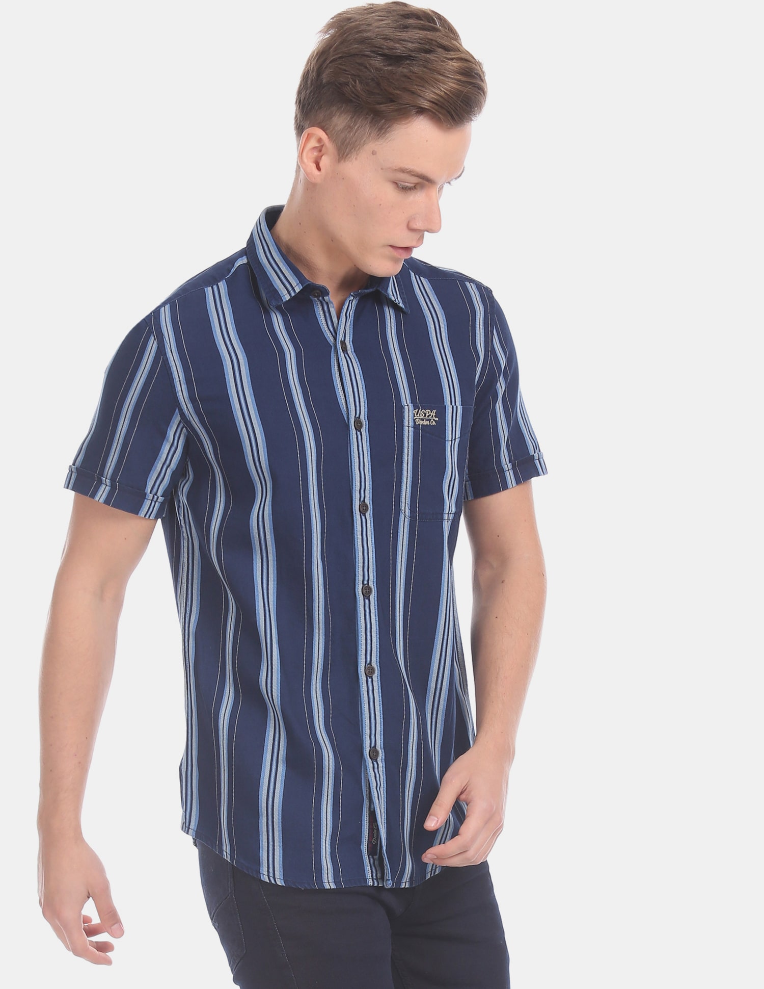

U S Polo Assn Men Blue Vertical Stripes Regular Fit Casual Shirt