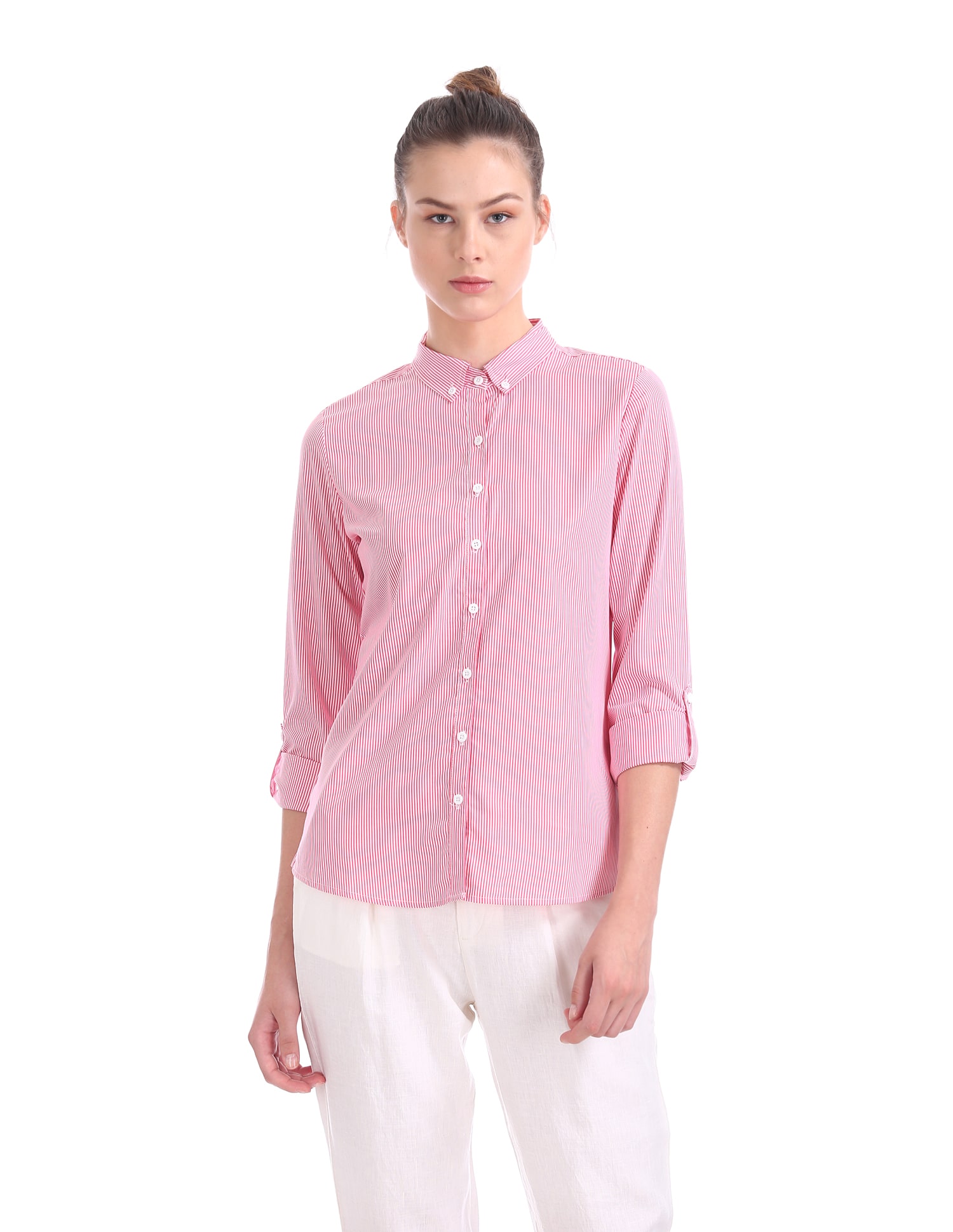 

U S Polo Assn Women Pink Striped Regular Fit Shirt