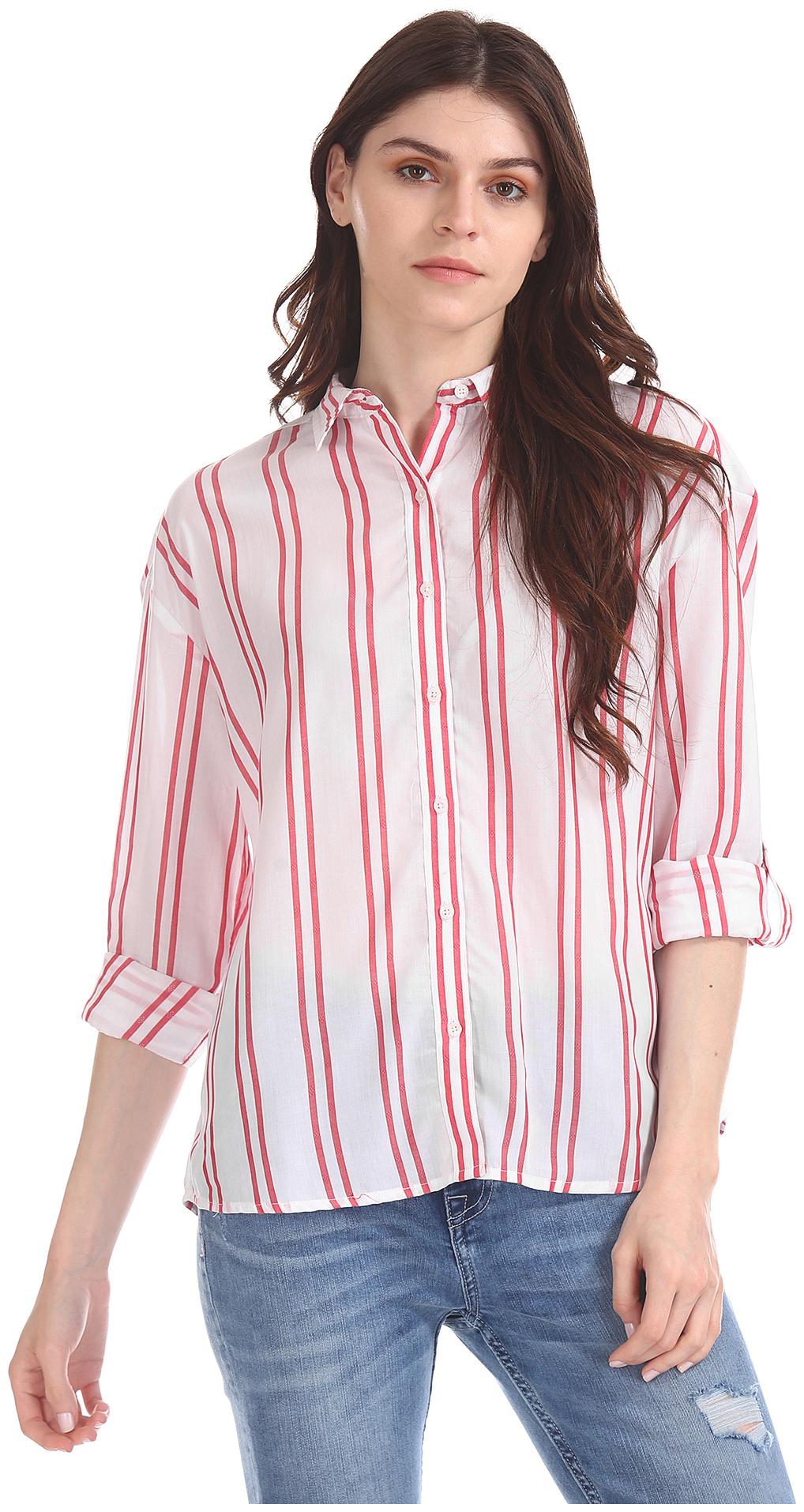

U S Polo Assn Women White Striped Regular Fit Shirt