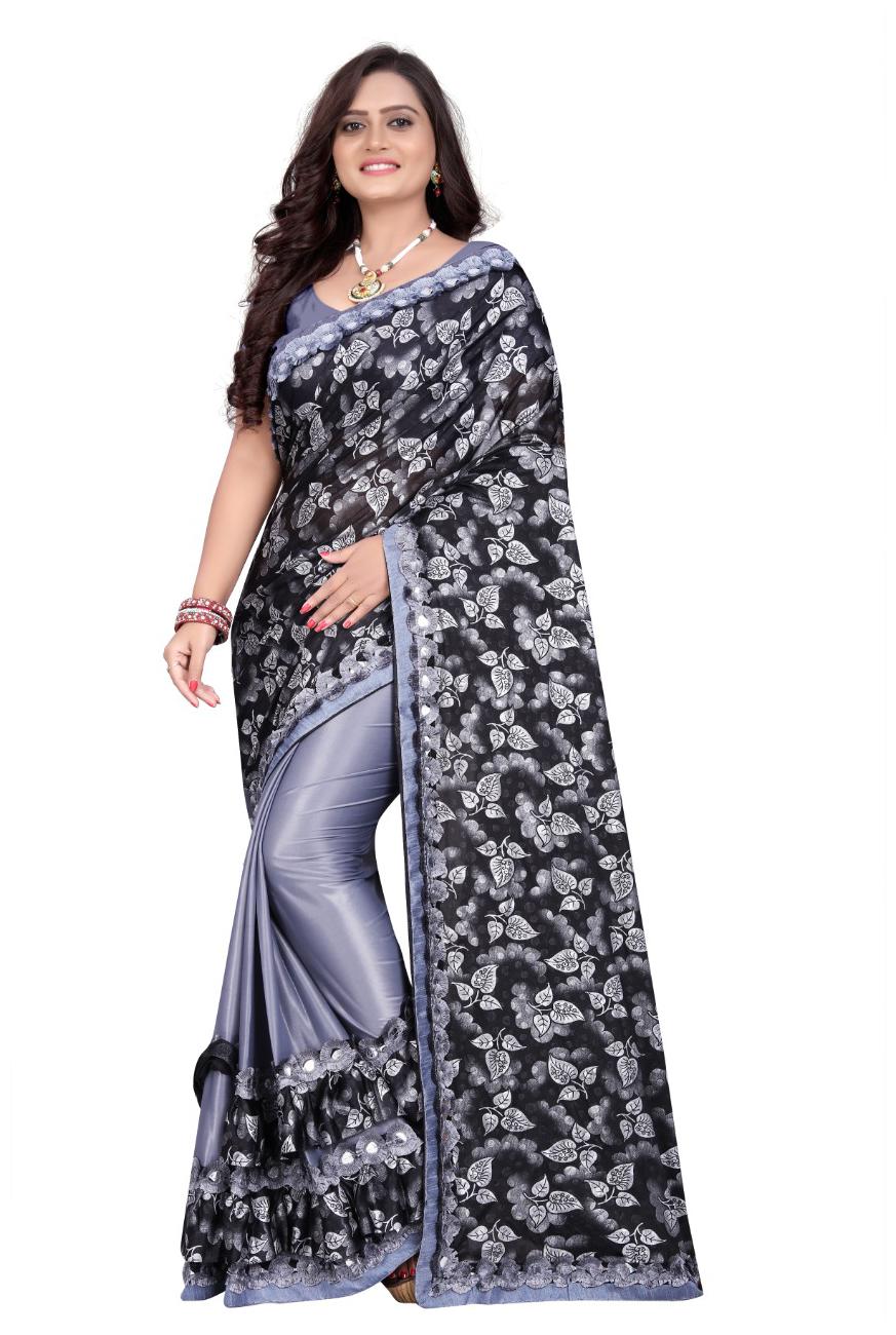 

U S Tex Printed Fashion Lycra Blend Saree (Grey)