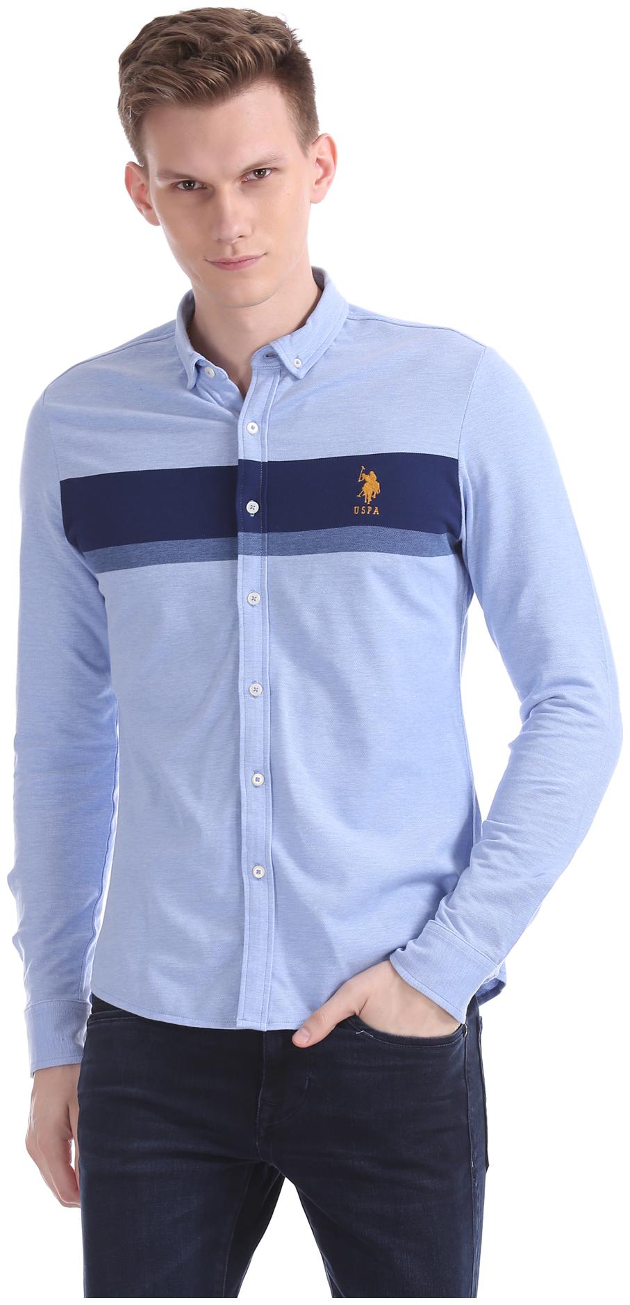 

U S Polo Assn Men Blue Vertical Stripes Slim Fit Casual Shirt