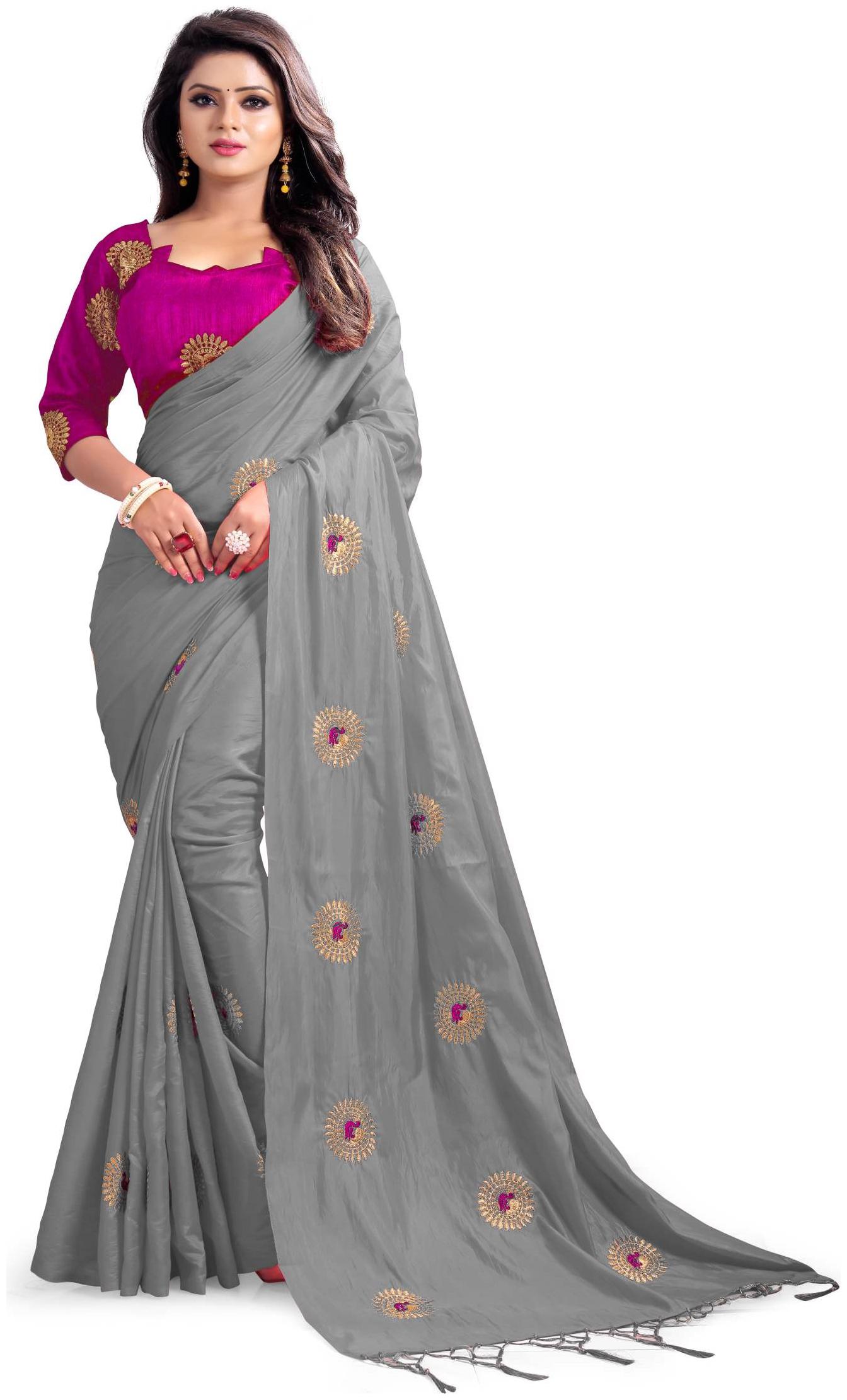 

Ugam Fashion Silk Ikat Embroidered work Saree - Grey With blouse