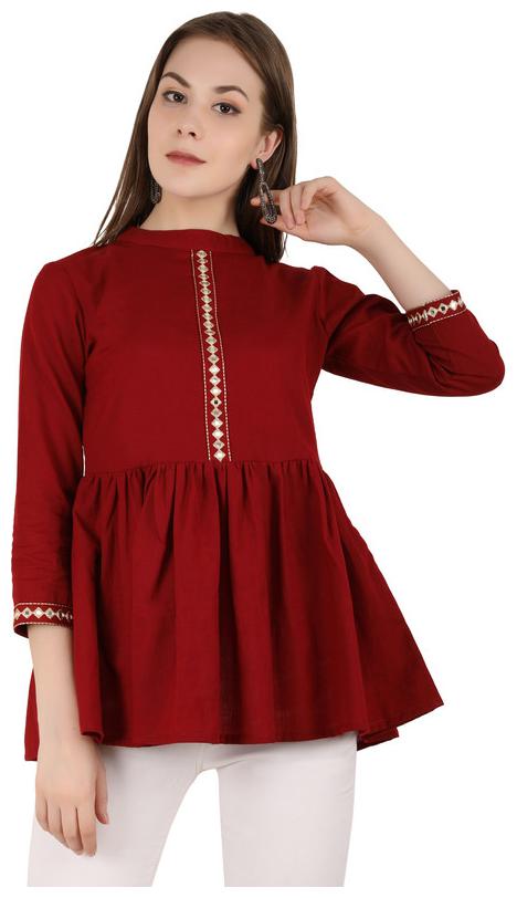

UNFAKENOW Casual 3 4 Sleeve Solid Women Maroon Cotton Blend Peplum Top