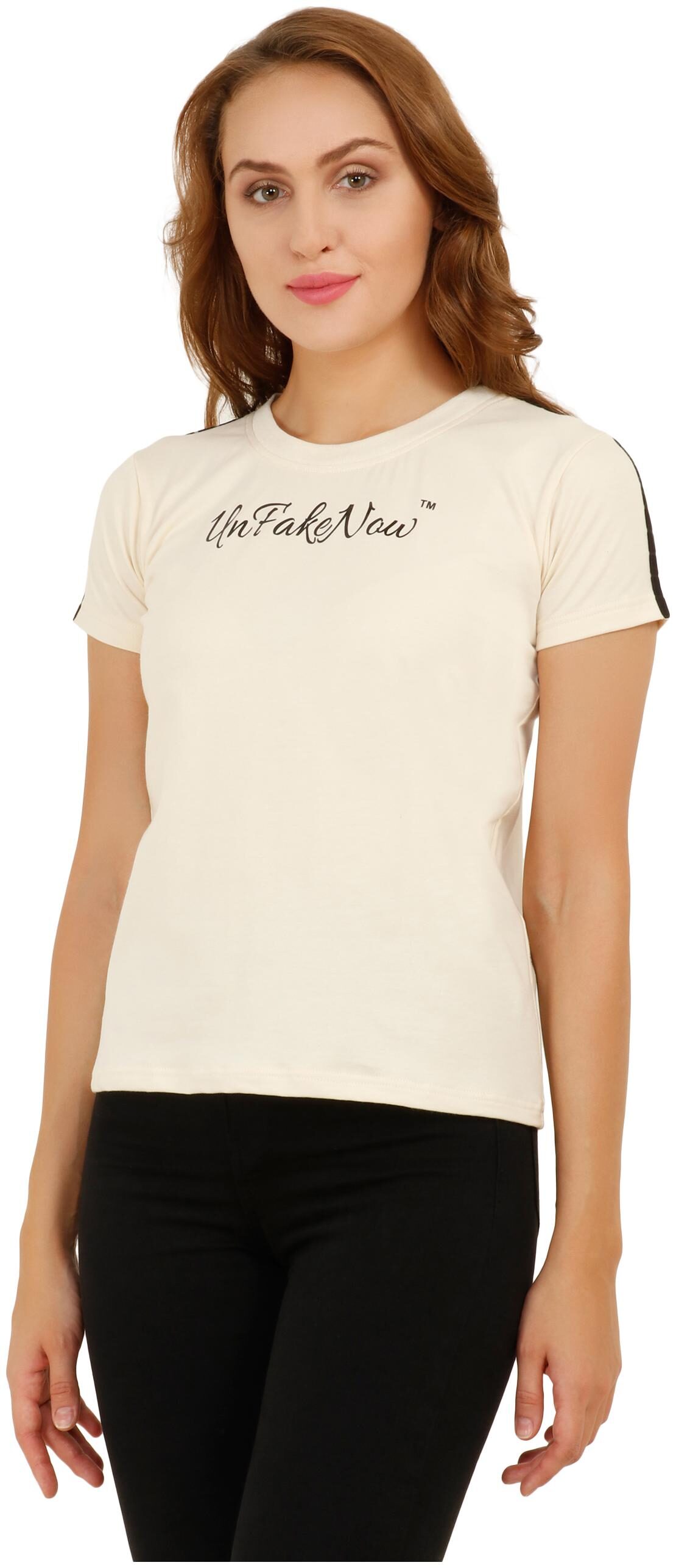 

UNFAKENOW Printed Women Round Neck Beige T-Shirt