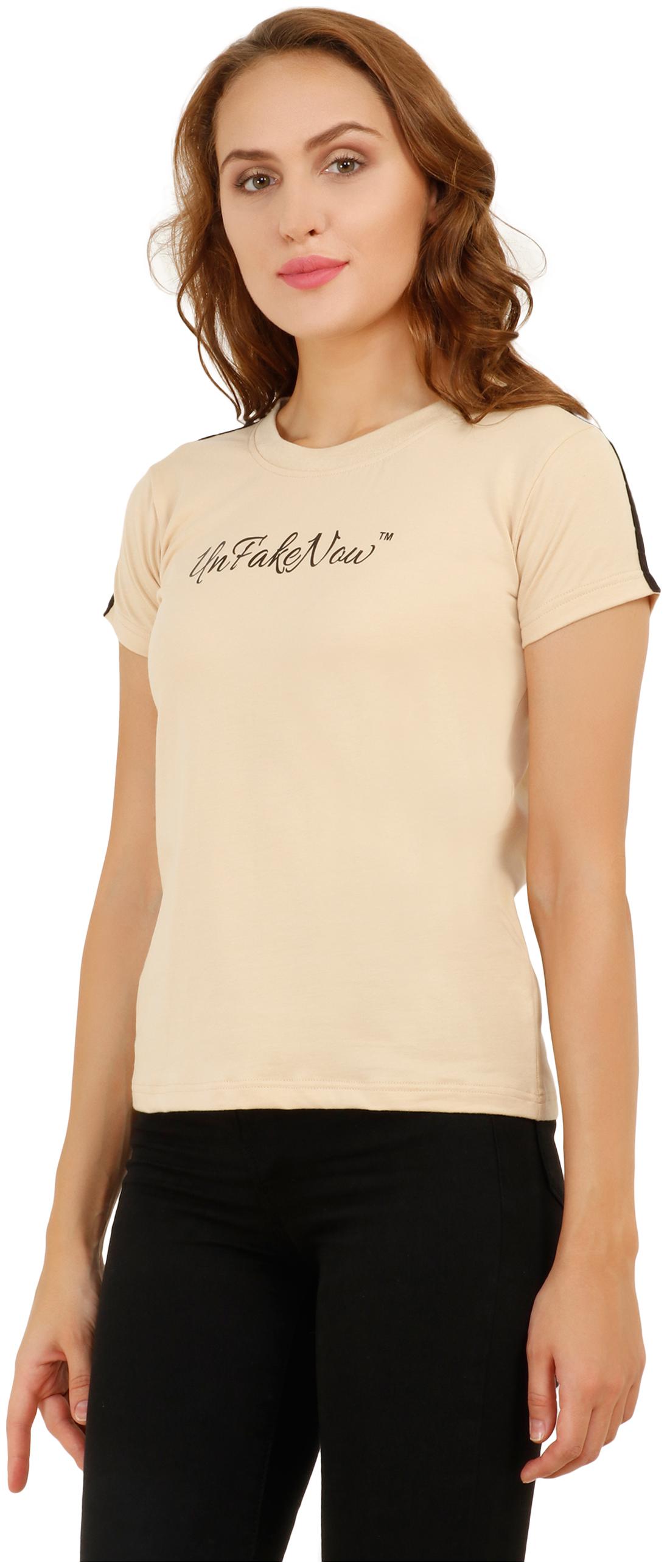 

UNFAKENOW Striped Women Round Neck Beige T-Shirt