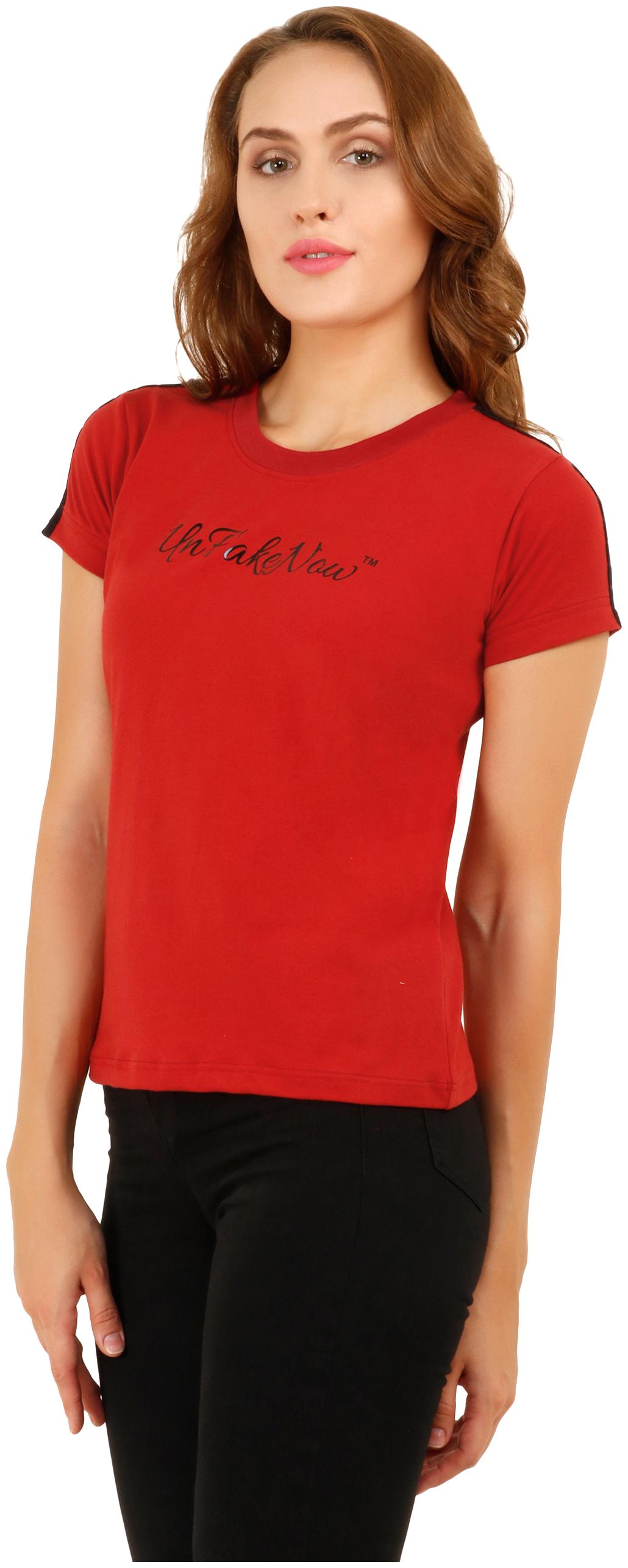 

UNFAKENOW Striped Women Round Neck Red T-Shirt