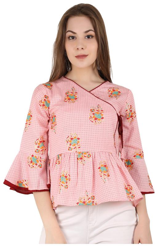 

Unfakenow Women Casual Bell Sleeve Floral Print Pink Cotton Blend Peplum Top