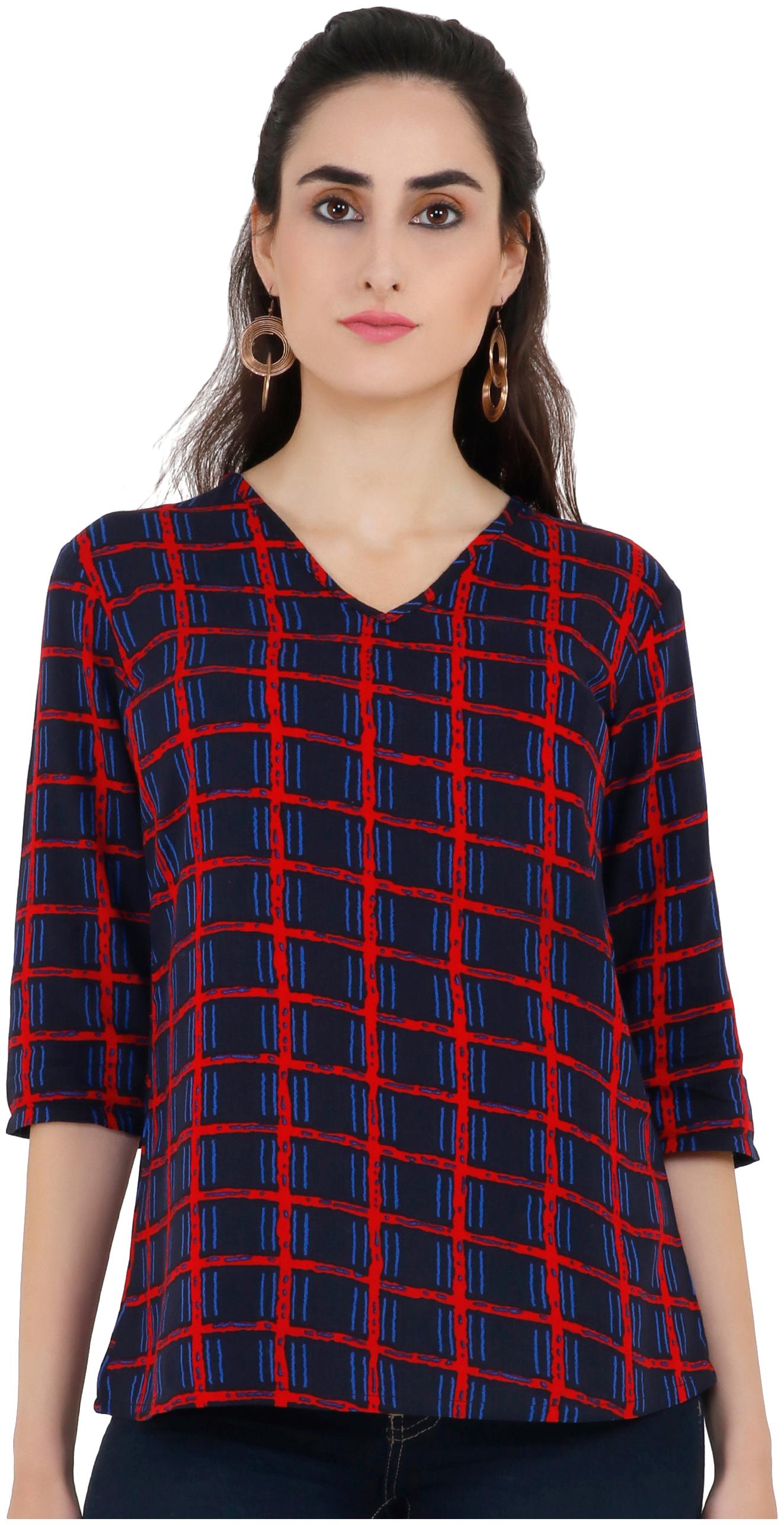 

UNFAKENOW Women Checked Geometric Fusion top - Blue