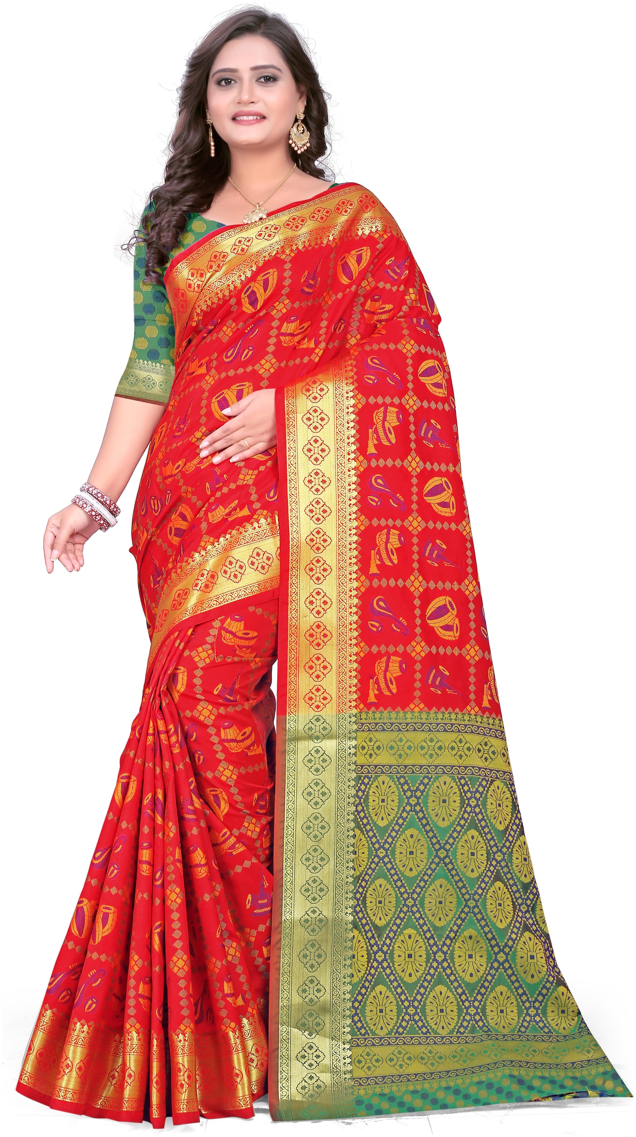 

Unique Store Exclusive Designed Maroon Dhol Nagara Design In Checks Cotton silk Patola Jacquard saree