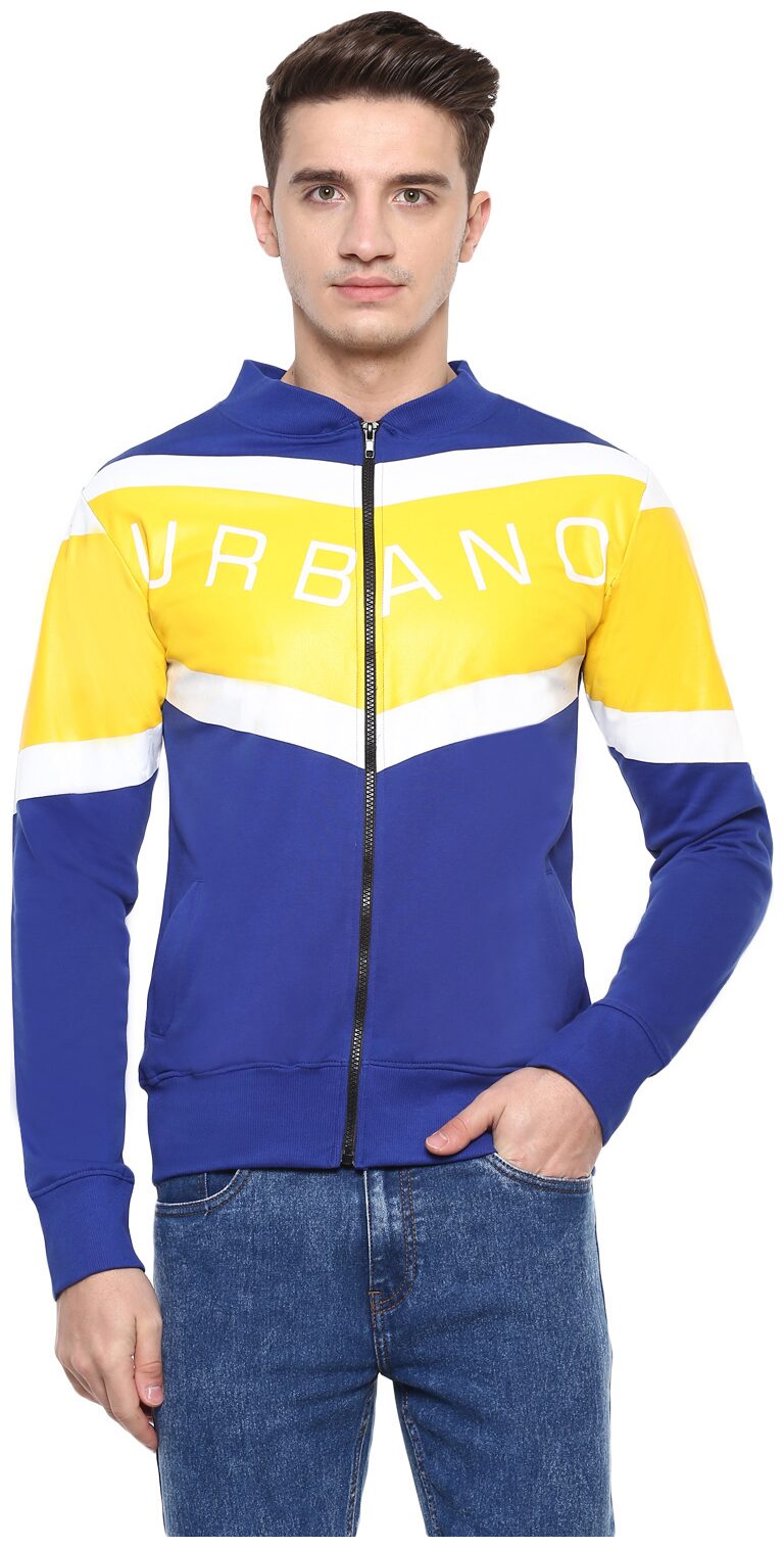 

Urbano Fashion Men Blue Yellow Cotton Zippered Sweatshirt
