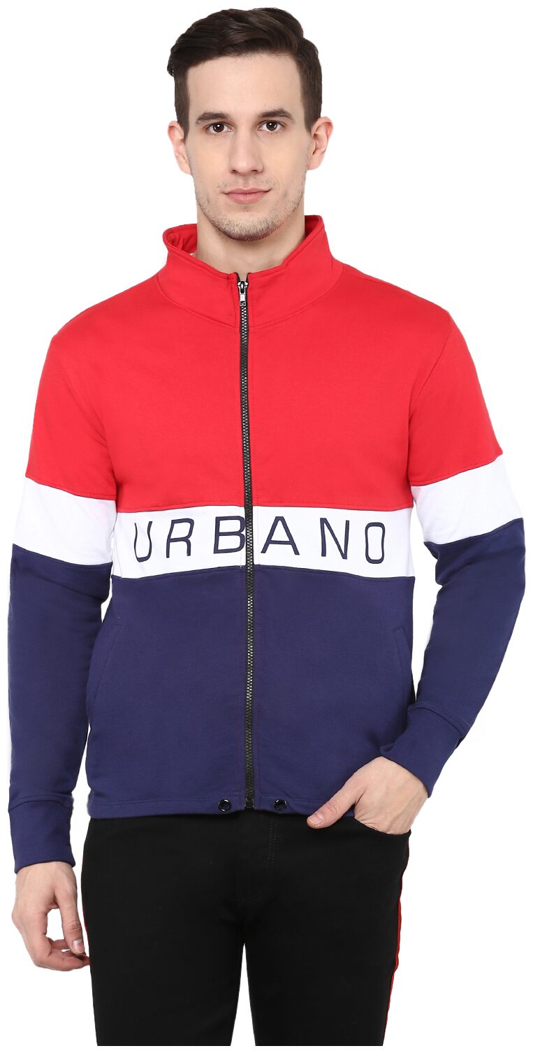 

Urbano Fashion Men Red Navy Cotton Zippered Sweatshirt