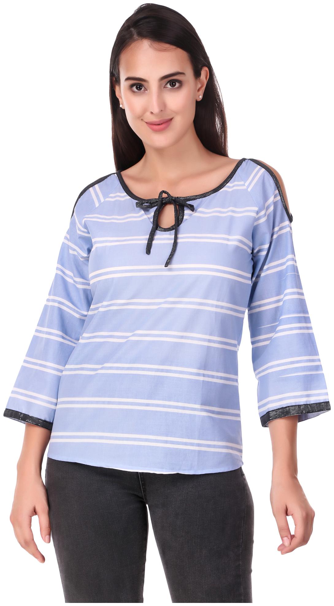 

USHA Fabric Women Striped Regular top - Blue