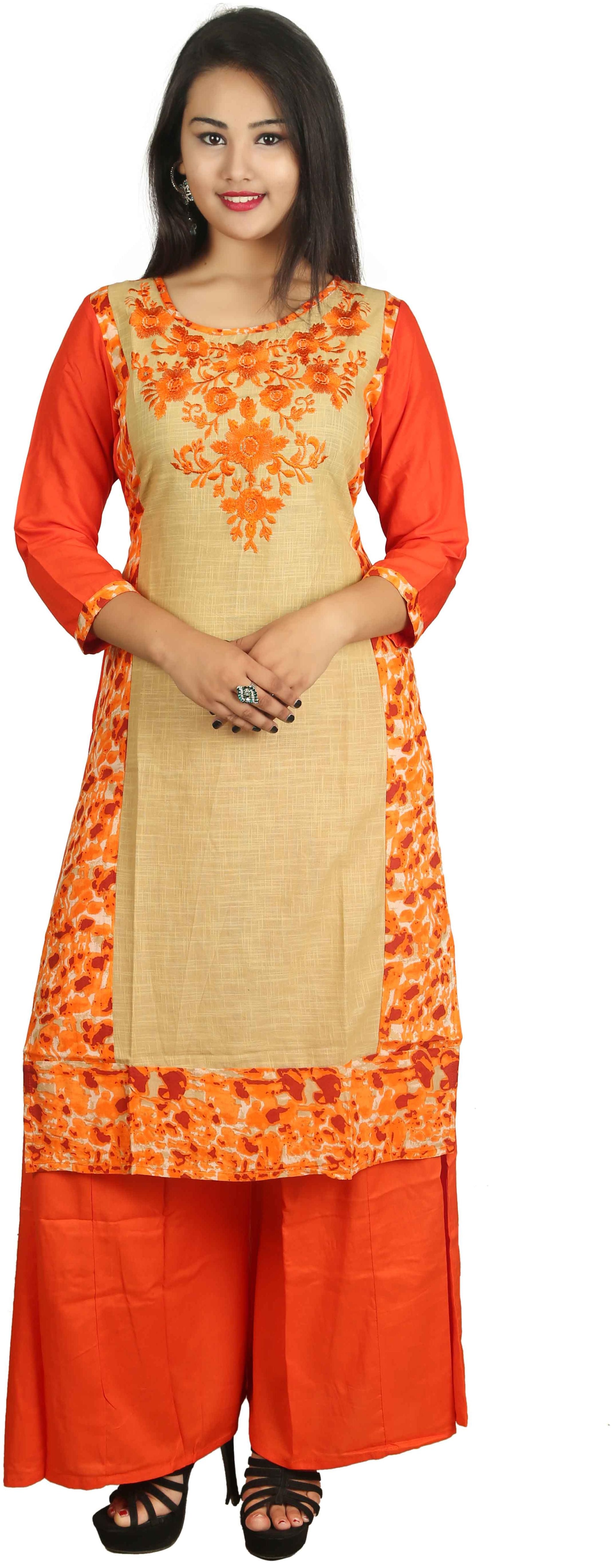 

V Brown Casual Wear Women Cotton Kurti and Rayon Palazzo Set Orange