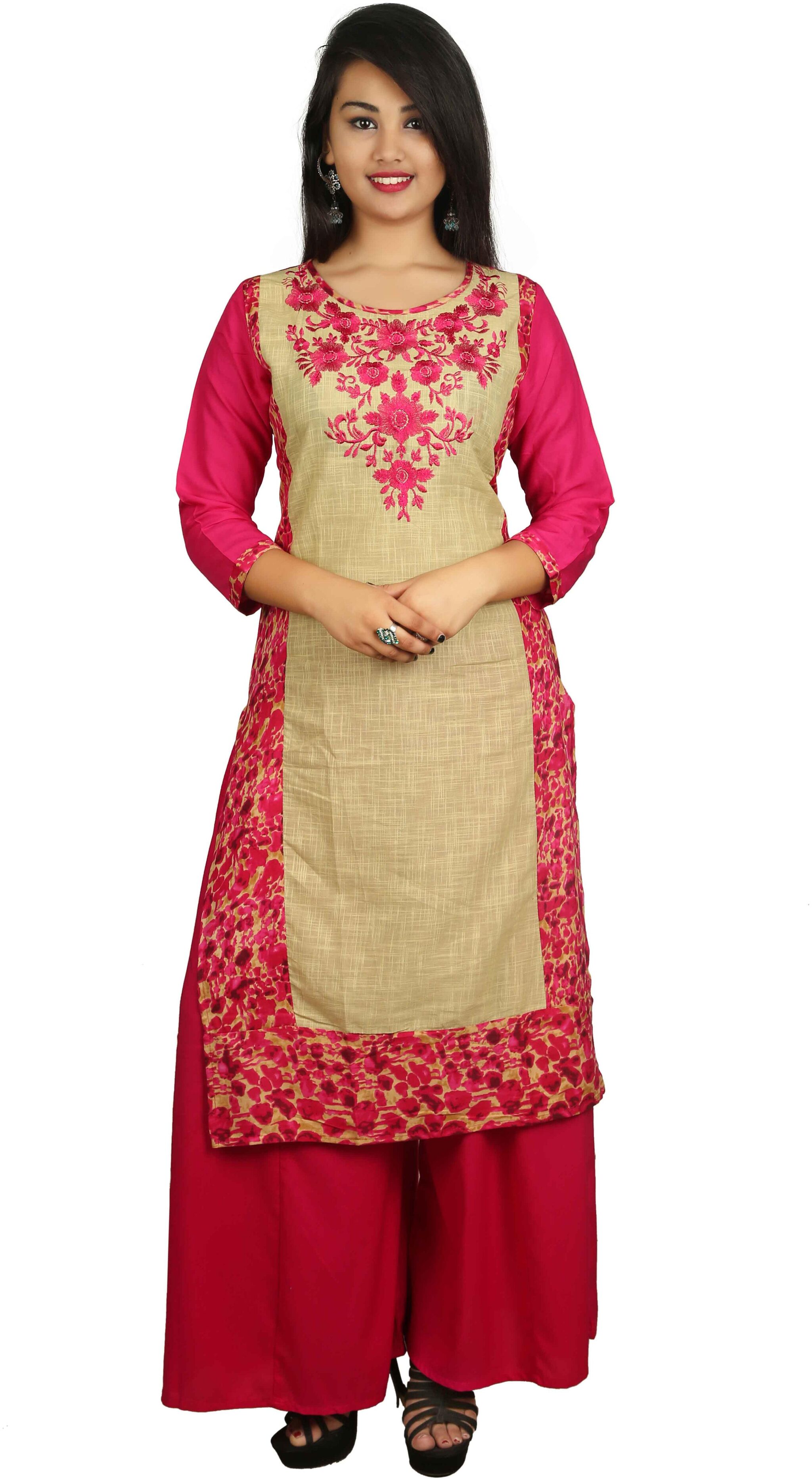

V Brown Women Pink Printed Straight Kurta With Palazzo