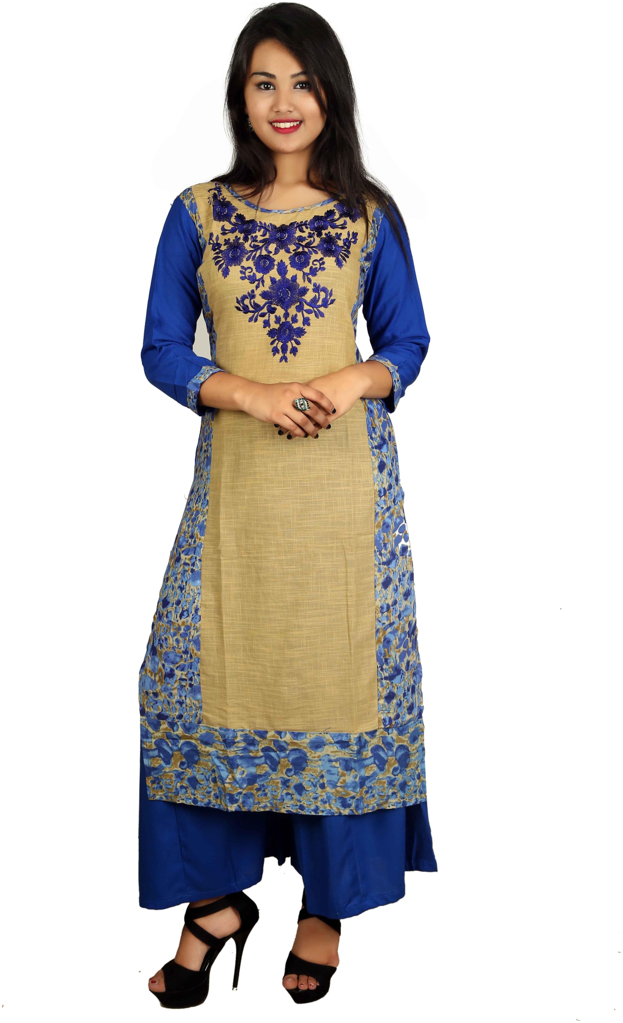 

V Brown Women Blue Printed Straight Kurta With Palazzo