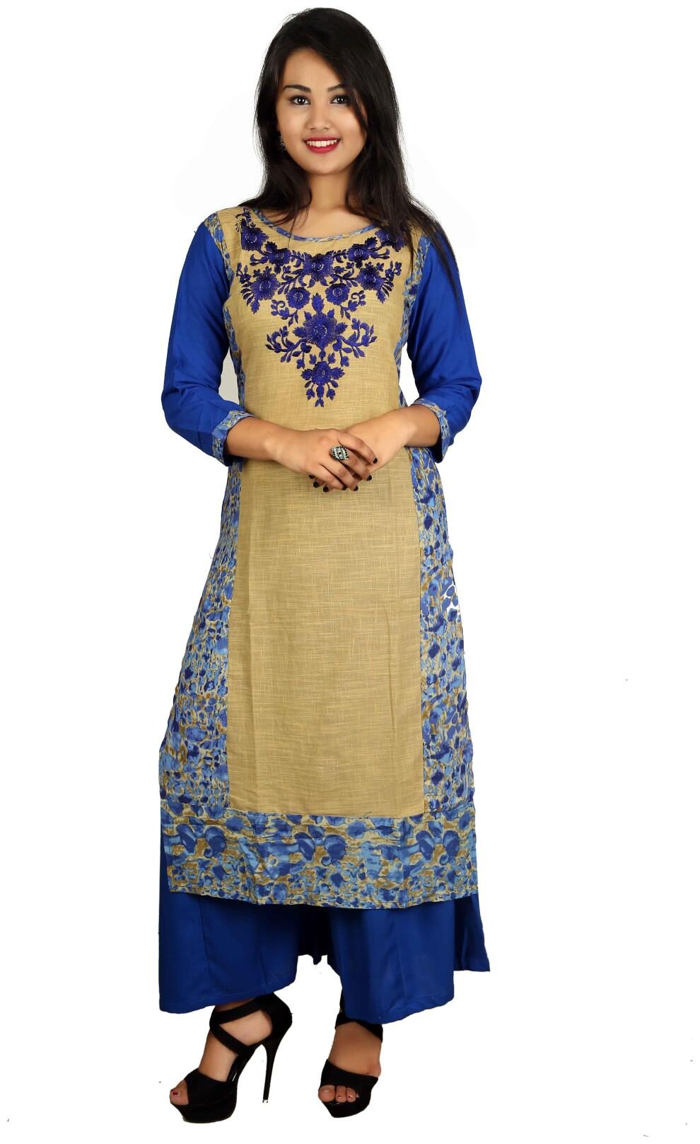 

V Brown Women Blue Floral Straight Kurta With Palazzo