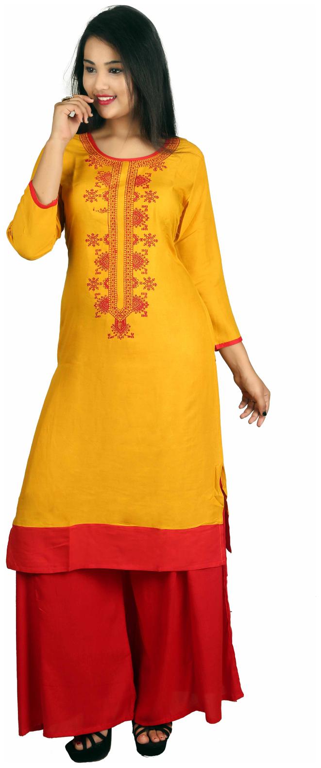 

V Brown Women Yellow Embroidered Straight Kurta