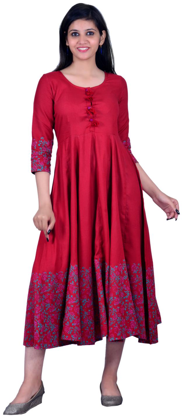 

V Brown Women Red Colorblocked Anarkali Kurta