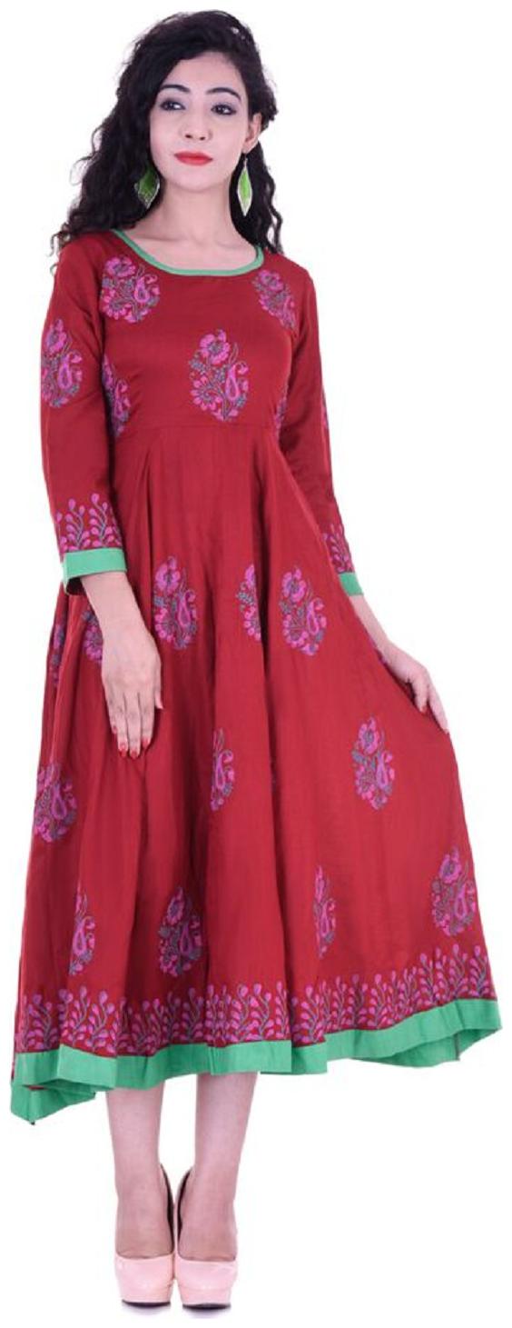 

V Brown Women Red Colorblocked Anarkali Kurta