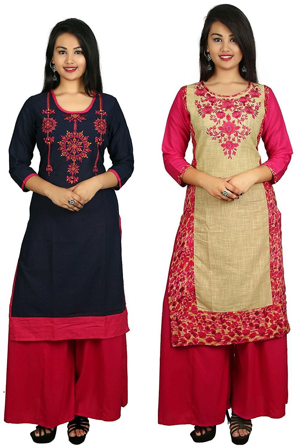 

V Brown Stylish Casual 2 Kurti With 2 Palazzo Set Combo