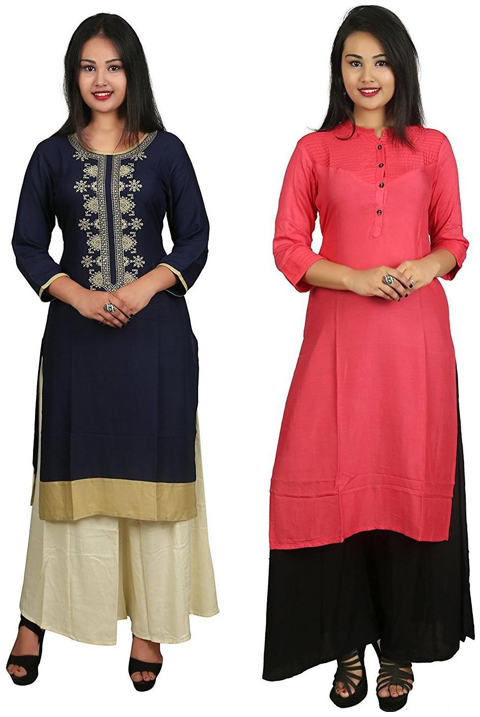 

V Brown Stylish Casual 2 Kurti With 2 Palazzo Set Combo
