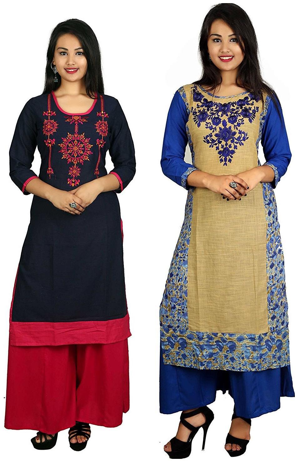 

V Brown Stylish Casual 2 Kurti With 2 Palazzo Set Combo
