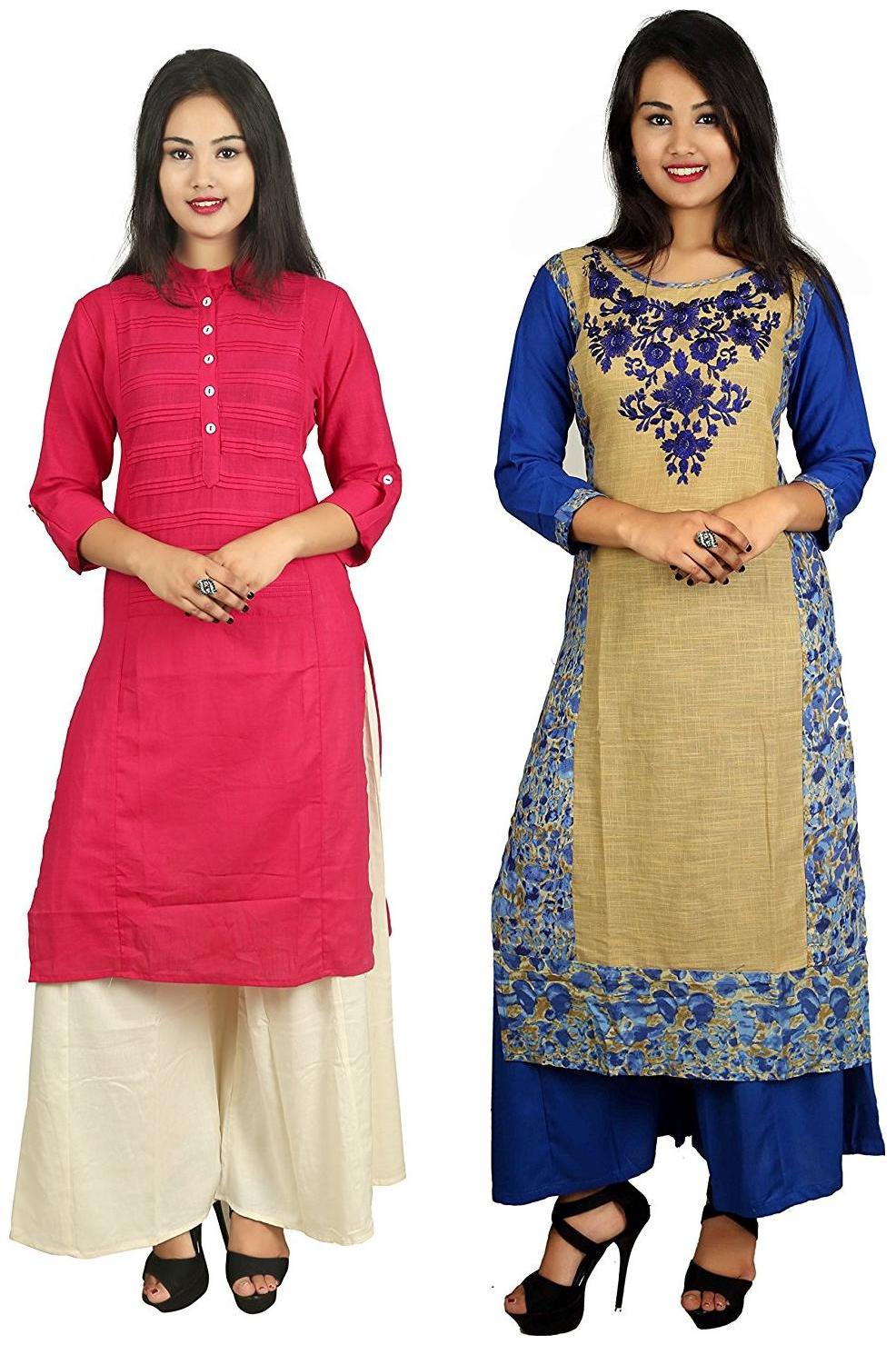 

V Brown Stylish Casual 2 Kurti With 2 Palazzo Set Combo