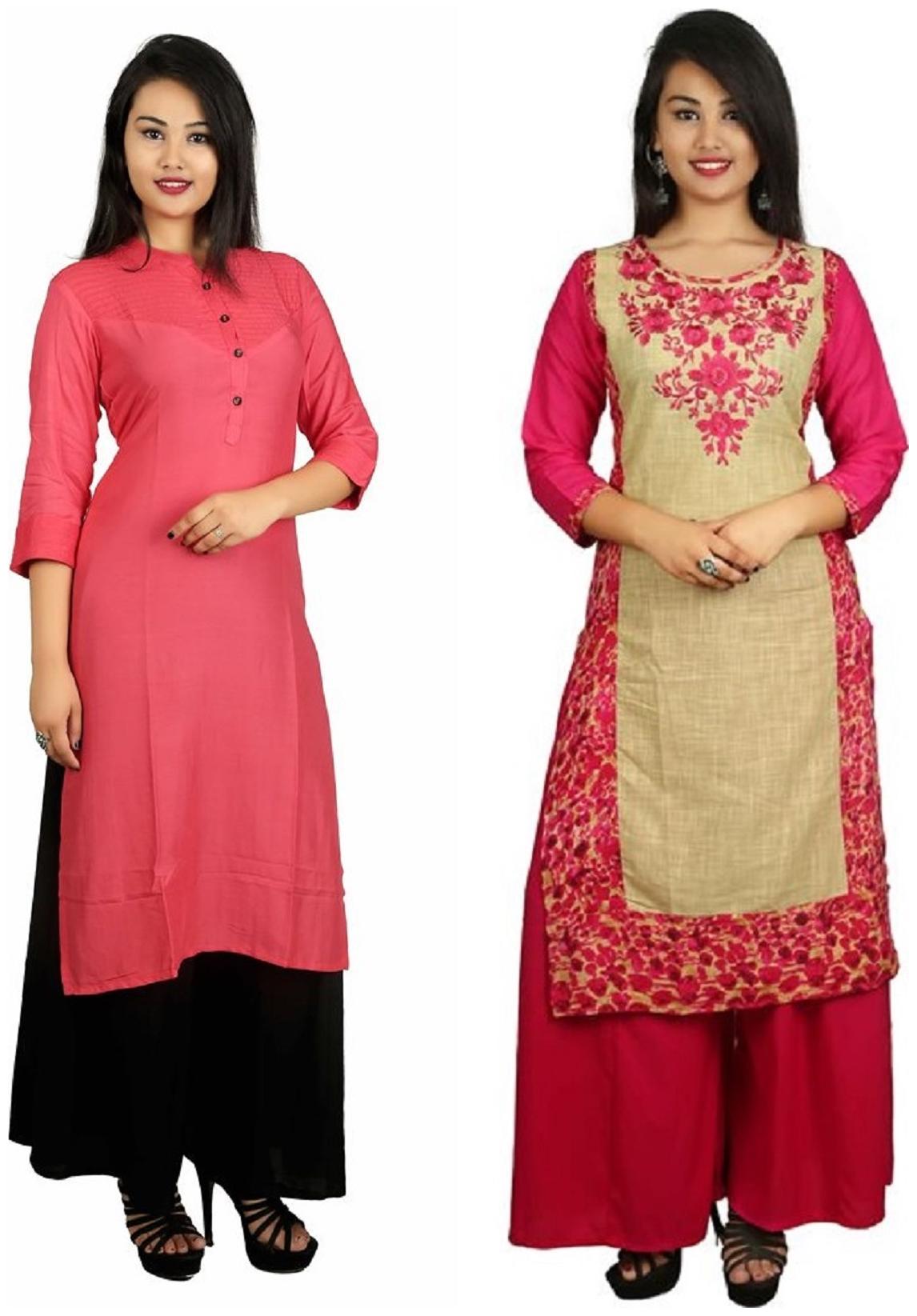 

V Brown Stylish Casual 2 Kurti With 2 Palazzo Set Combo
