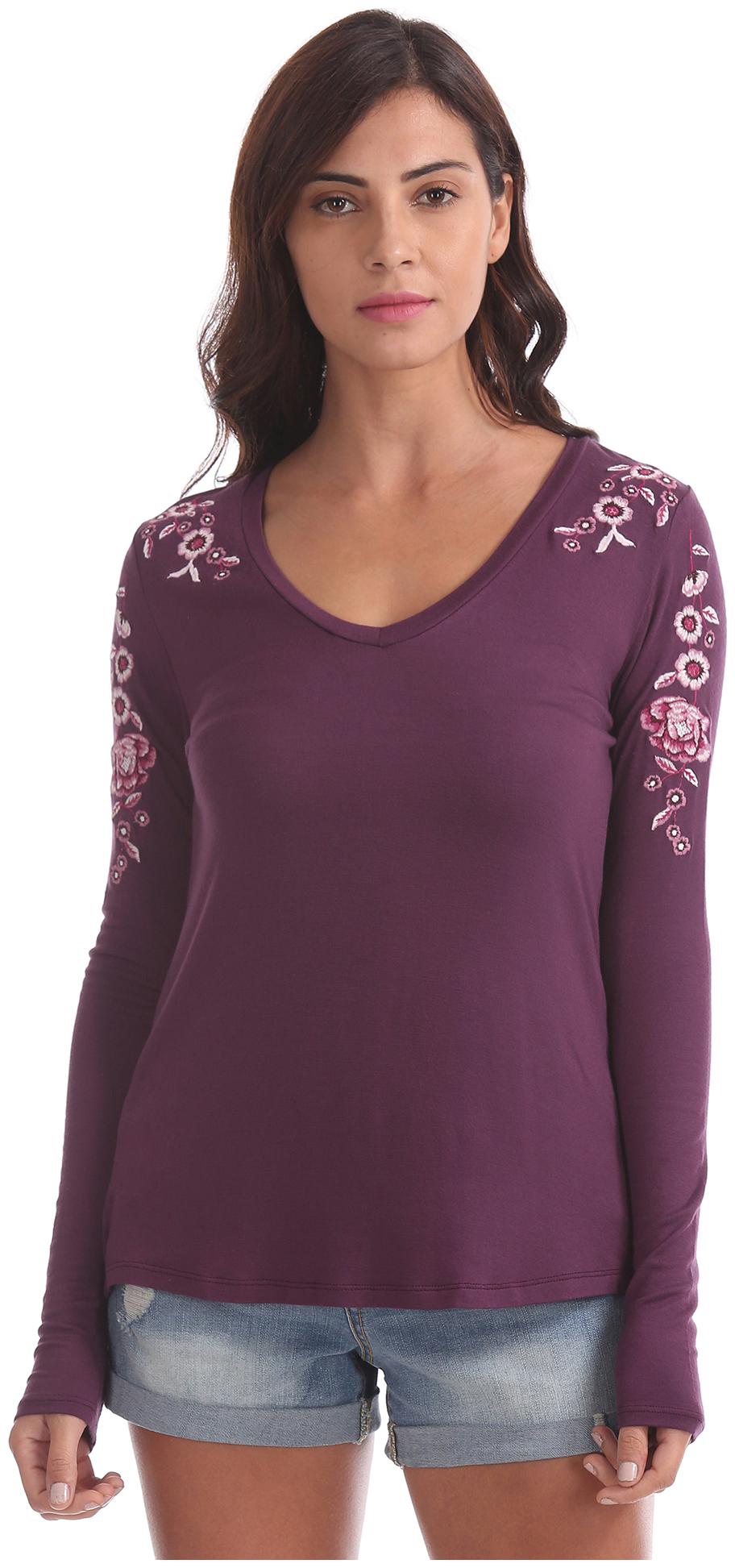 

Aeropostale Women Purple Regular fit V neck Viscose rayon T shirt