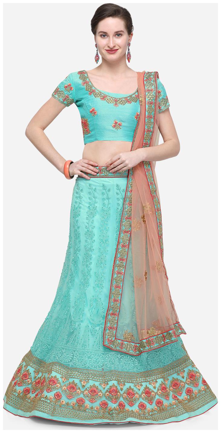 

V SALES Net Wedding A-Line Semi Stitched Green