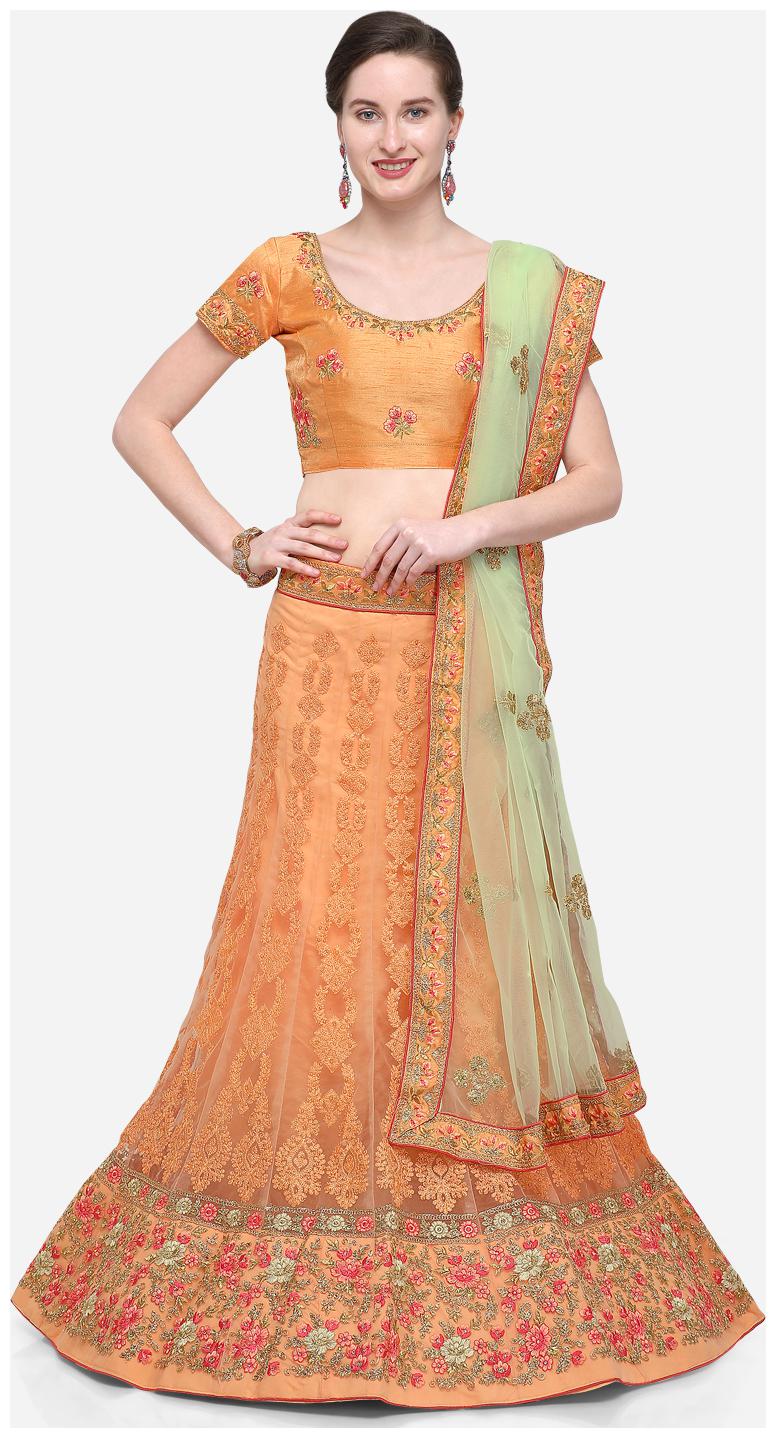 

V SALES Net Wedding A-Line Semi Stitched Orange