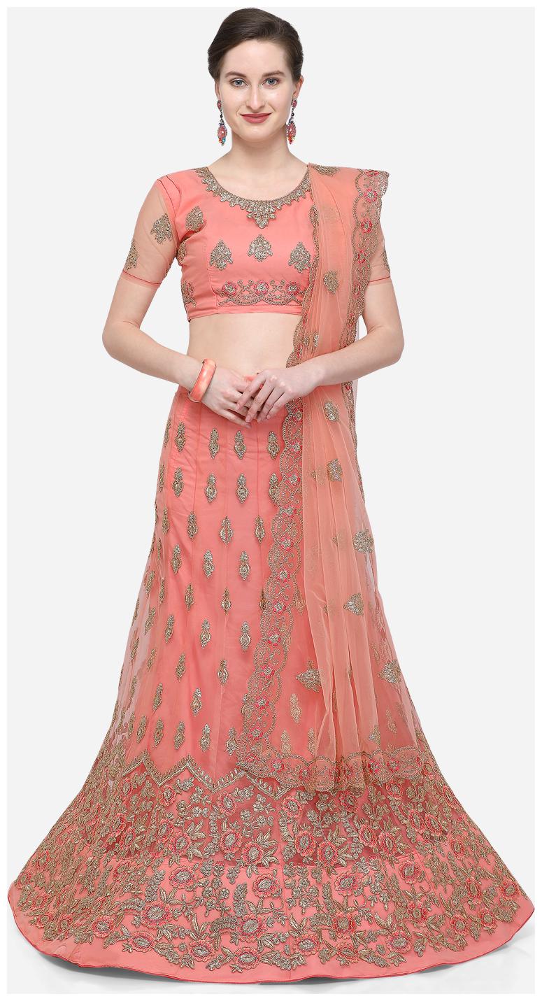 

V SALES Net Wedding A-Line Semi Stitched Pink