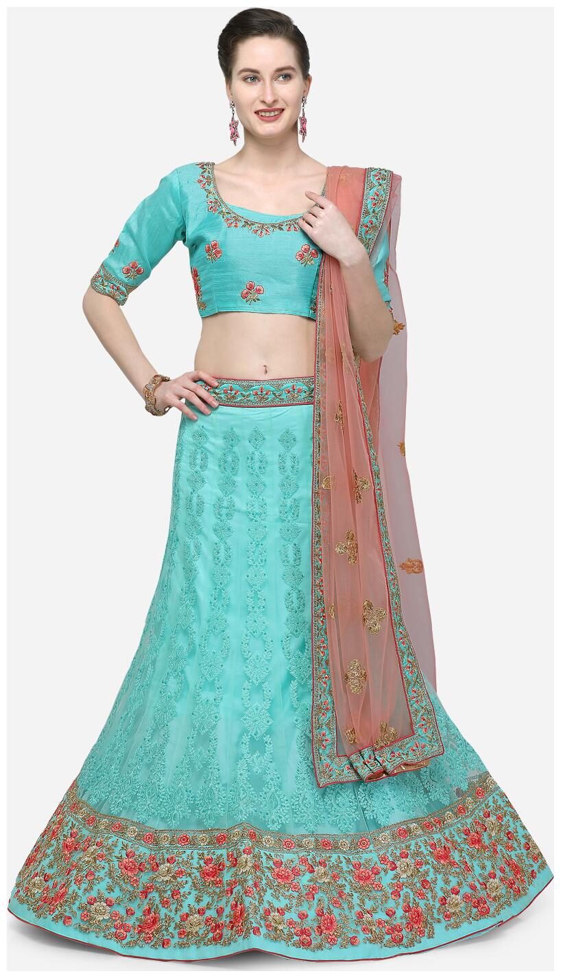 

V SALES Net Wedding A-Line Semi Stitched Blue