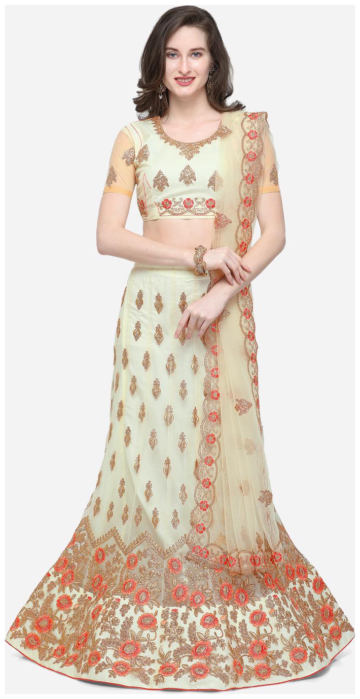 

V SALES Net Wedding A-Line Semi Stitched White