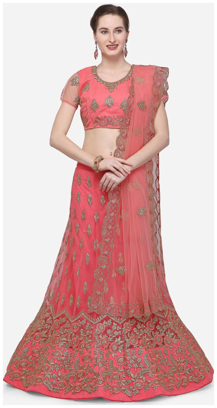 

V SALES Net Wedding A-Line Semi Stitched Pink