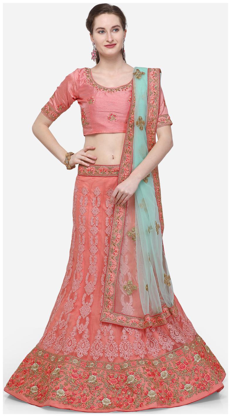 

V SALES Net Wedding A-Line Semi Stitched Pink