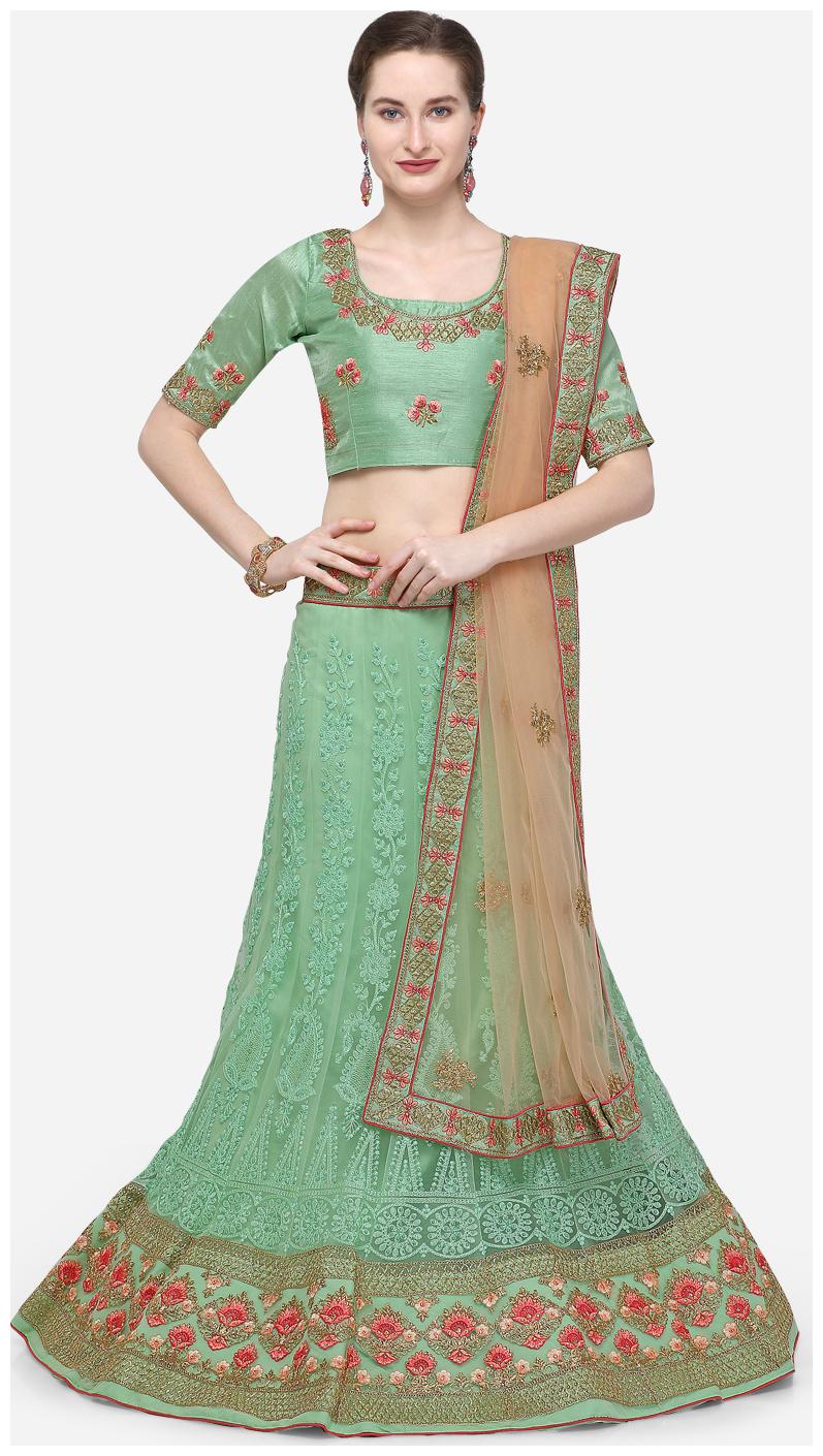 

V SALES Net Wedding A-Line Semi Stitched Green