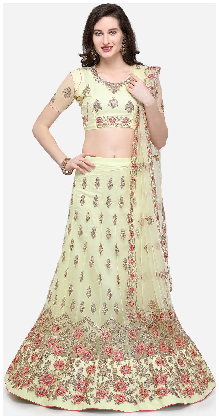 

V SALES Net Wedding A-Line Semi Stitched Yellow