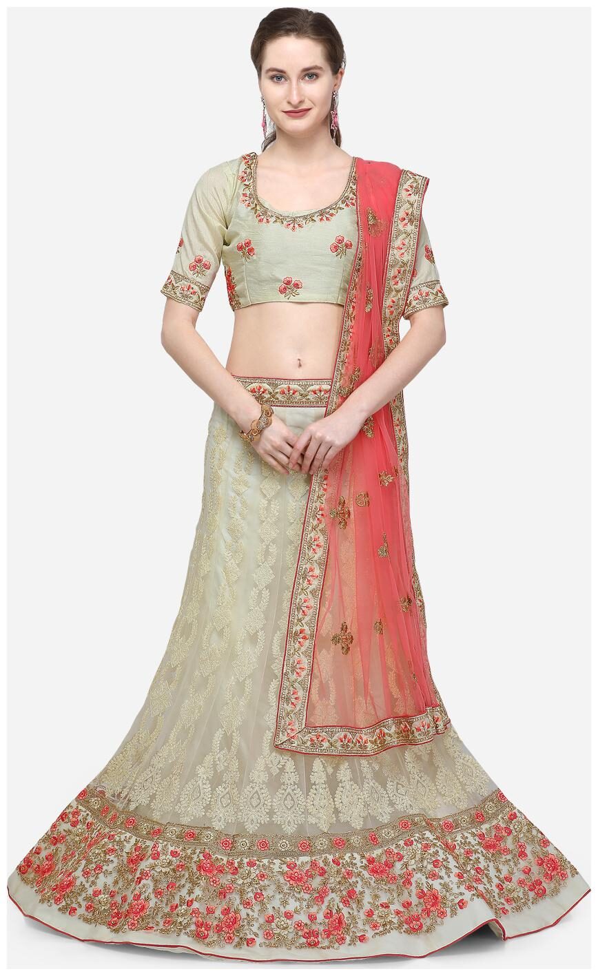 

V SALES Net Wedding A-Line Semi Stitched White