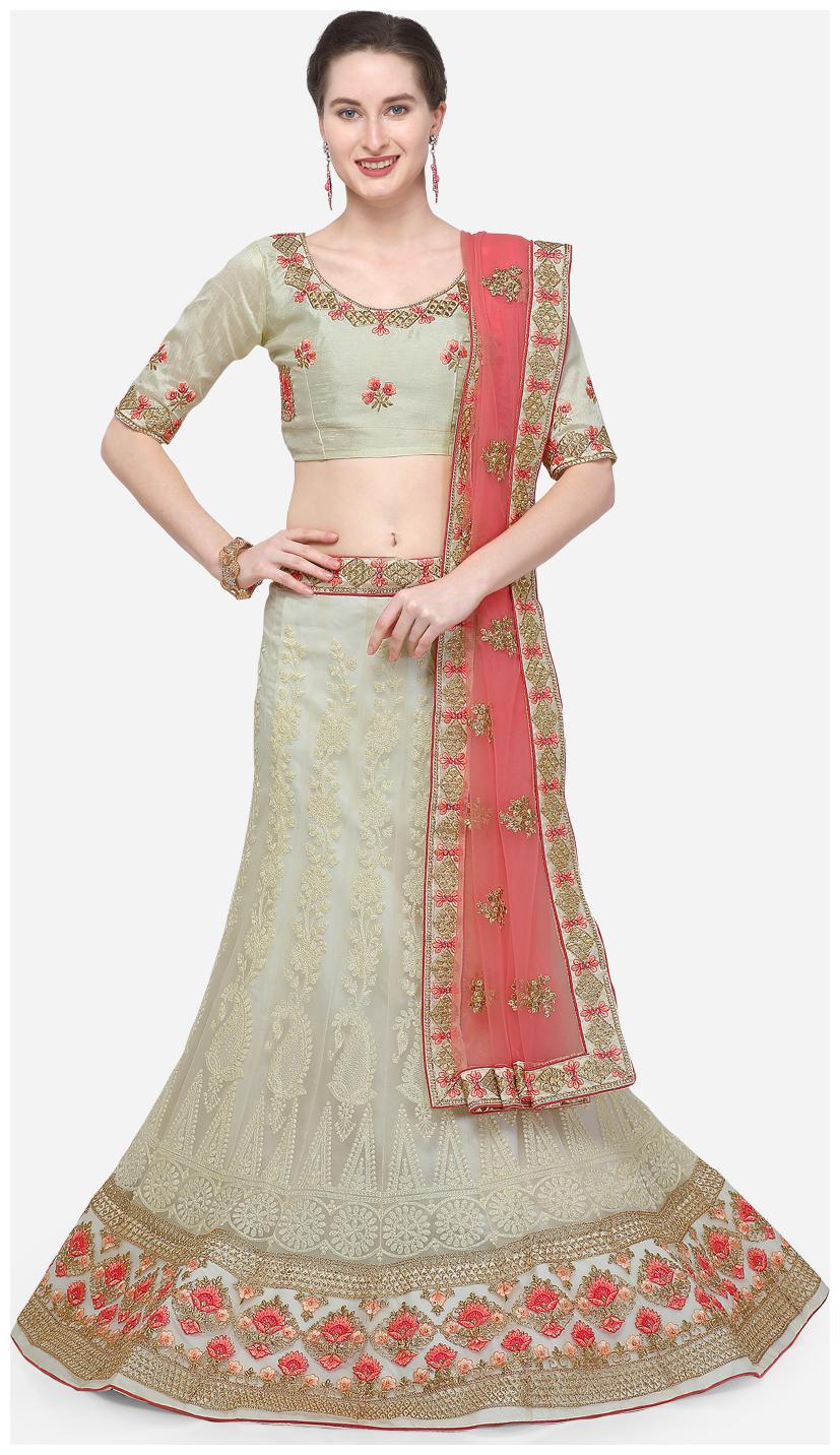 

V SALES Net Wedding A-Line Semi Stitched White