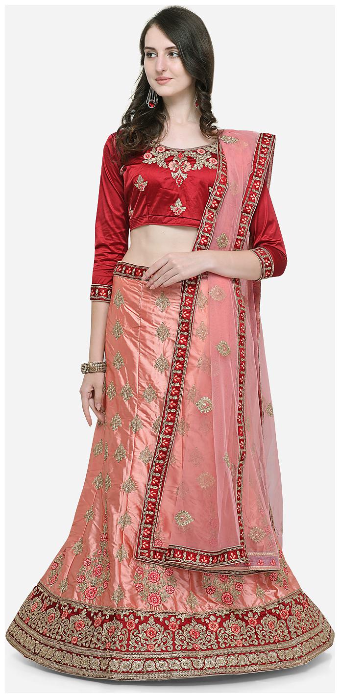 

V SALES Silk Wedding A-Line Semi Stitched Pink Maroon