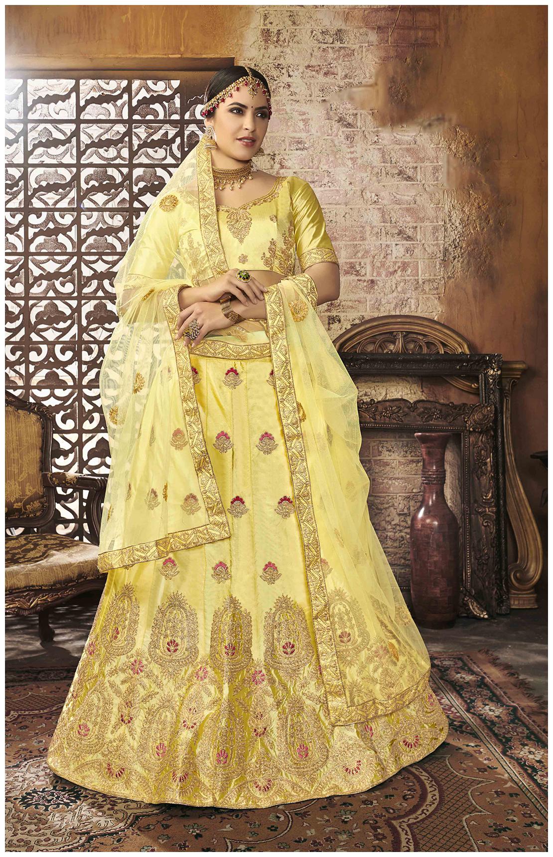 

V SALES Silk Wedding A-Line Semi Stitched Yellow