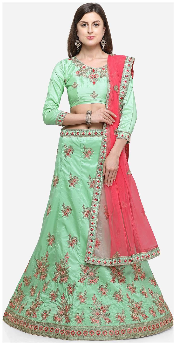 

V SALES Silk Wedding A-Line Semi Stitched Green Pink