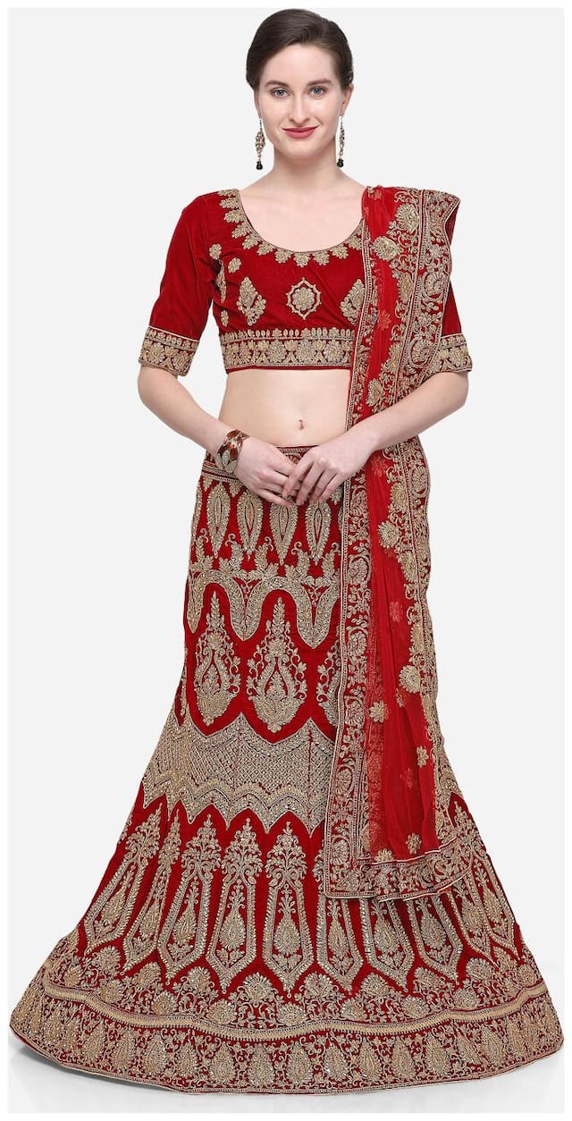 V SALES Velvet Wedding A-Line Semi Stitched Maroon