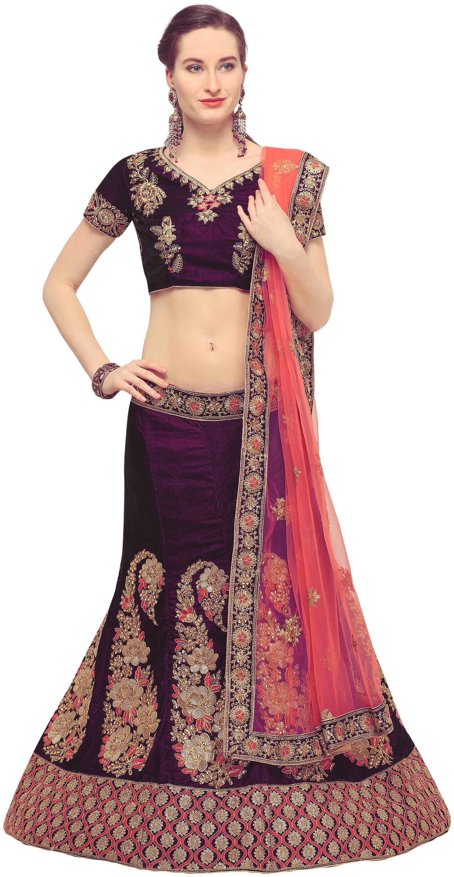 

V SALES Velvet Wedding A-Line Semi Stitched Purple