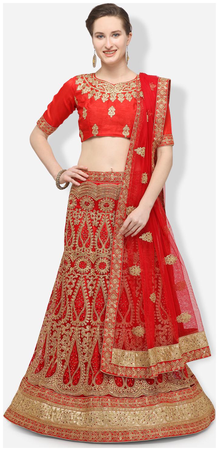 

V SALES Women Red Semi Stiched Embroidered Net Lehenga Choli