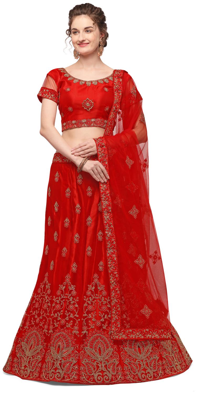 

V Sales Womens Semi-Stiched Embroidered Lehenga Choli (Red)